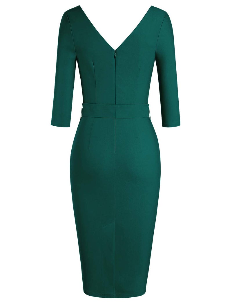 MUXXN Ladies Dark Green Wrap Deep V-Neck Ruched Bandage Sheath Midi Prom Dress (Dark Green L) - Image 4
